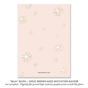 "Mila" Blush + Gold Glitter Snowflakes Baby Shower Invitation