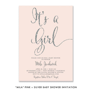 "Mila" Blush + Silver Glitter Baby Shower Invitation