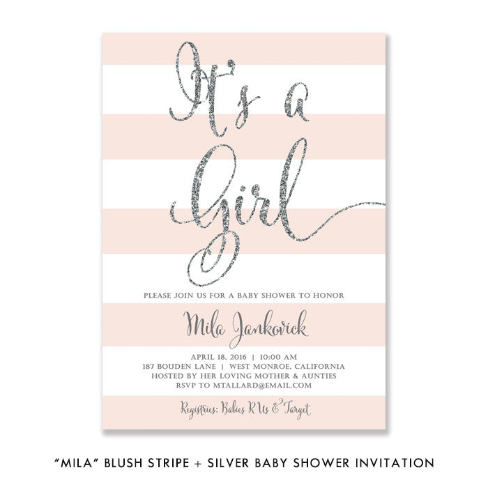 "Mila" Blush Stripe + Silver Glitter Baby Shower Invitation
