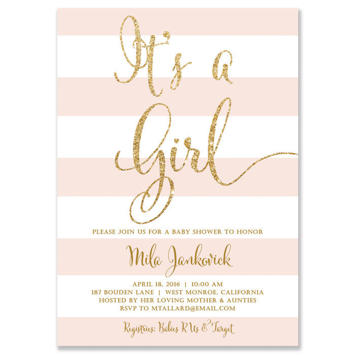 "Mila" Blush Stripe + Gold Glitter Baby Shower Invitation