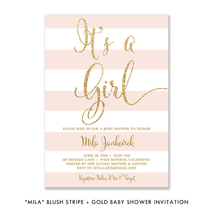"Mila" Blush Stripe + Gold Glitter Baby Shower Invitation