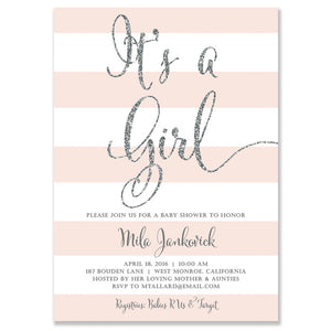 "Mila" Blush Stripe + Silver Glitter Baby Shower Invitation