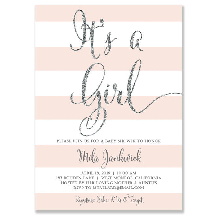"Mila" Blush Stripe + Silver Glitter Baby Shower Invitation