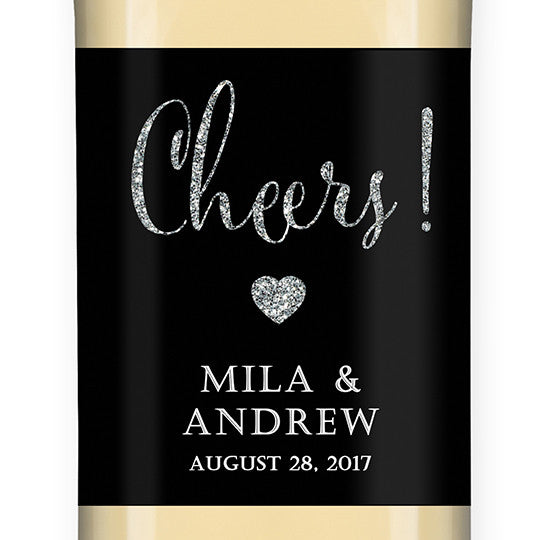 "Mila" Black + Silver Glitter Wedding Wine Labels