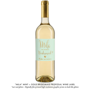 "Mila" Mint + Gold Glitter Bridesmaid Proposal Wine Labels