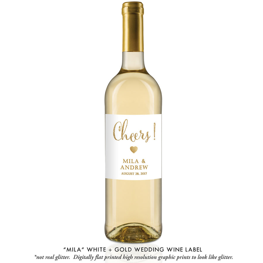 "Mila" White + Gold Glitter Wedding Wine Label