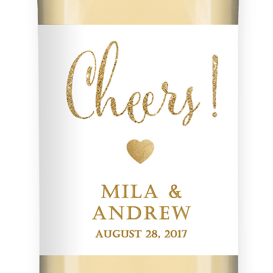 "Mila" White + Gold Glitter Wedding Wine Label
