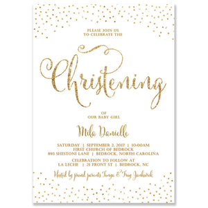 "Mila" White + Gold Glitter Christening Invitation