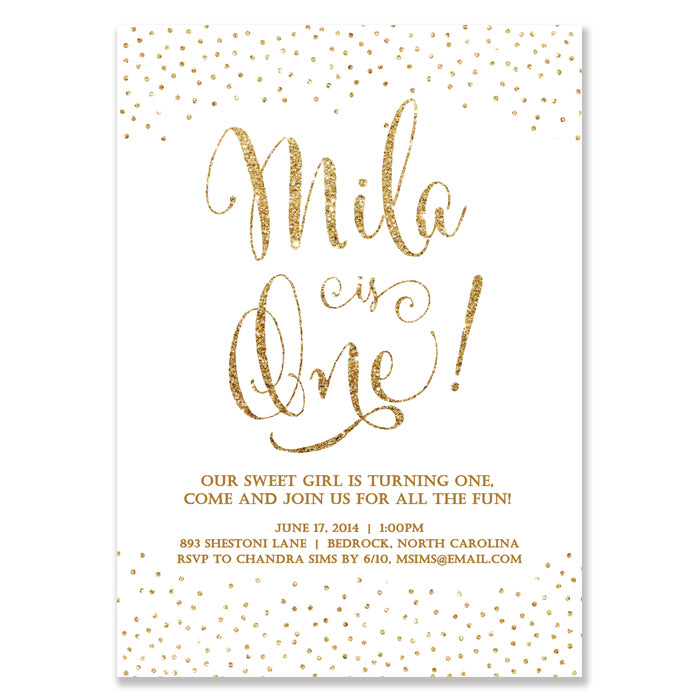 "Mila" White + Gold Glitter Kids Birthday Invitation