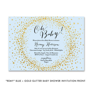 "Remy" Blue + Gold Glitter Baby Shower Invitation