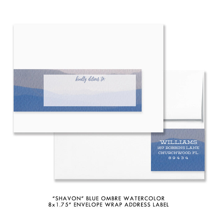 Boho blue ombre watercolor "Shavon" envelope wrap address label | digibuddha.com