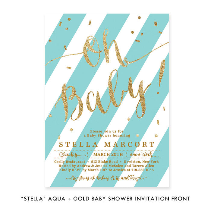 "Stella" Aqua + Gold Glitter Baby Shower Invitation