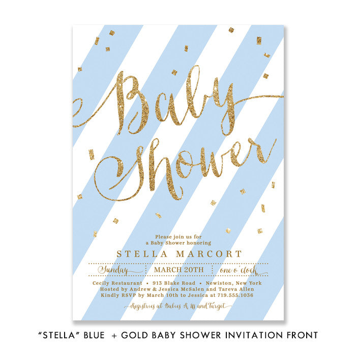"Stella" Blue + Gold Glitter Baby Shower Invitation