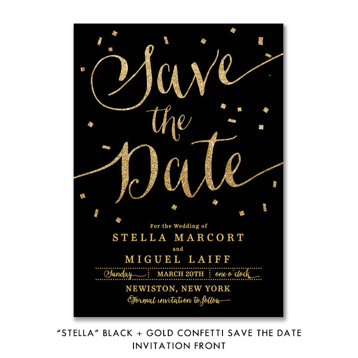 "Stella" Black + Gold Glitter Confetti Save The Date Card