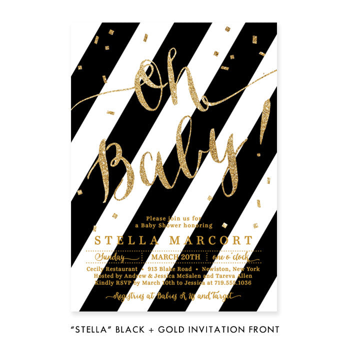 "Stella" Black + Gold Glitter Baby Shower Invitation