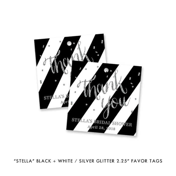 Elegant glam black and silver bridal shower invitation with black and white stripes and silver glitter.