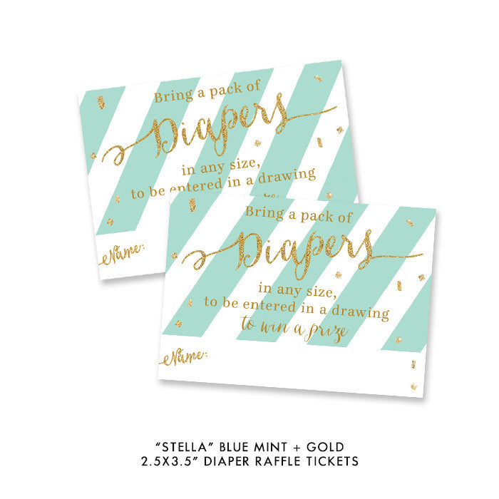 Blue mint + gold glitter "Stella" baby shower diaper raffle tickets | digibuddha.com