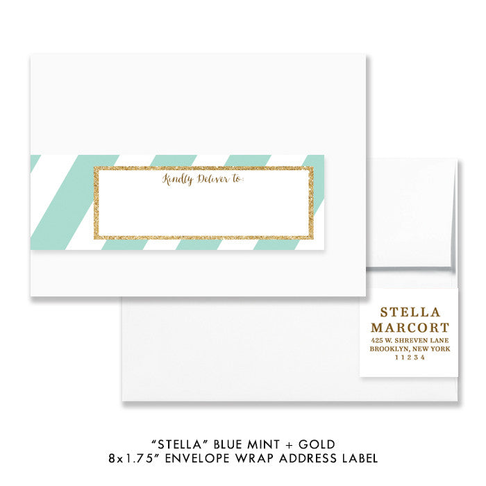Blue mint + gold glitter "Stella" striped envelope wrap address label | digibuddha.com