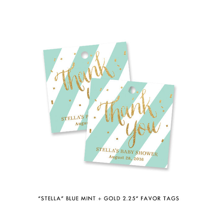 Blue mint + gold glitter "Stella" striped favor tags | digibuddha.com