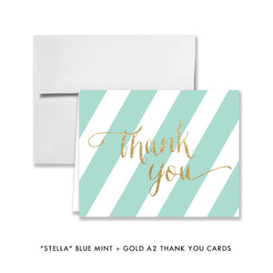 Blue mint + gold glitter "Stella" striped folded A2 thank you cards | digibuddha.com