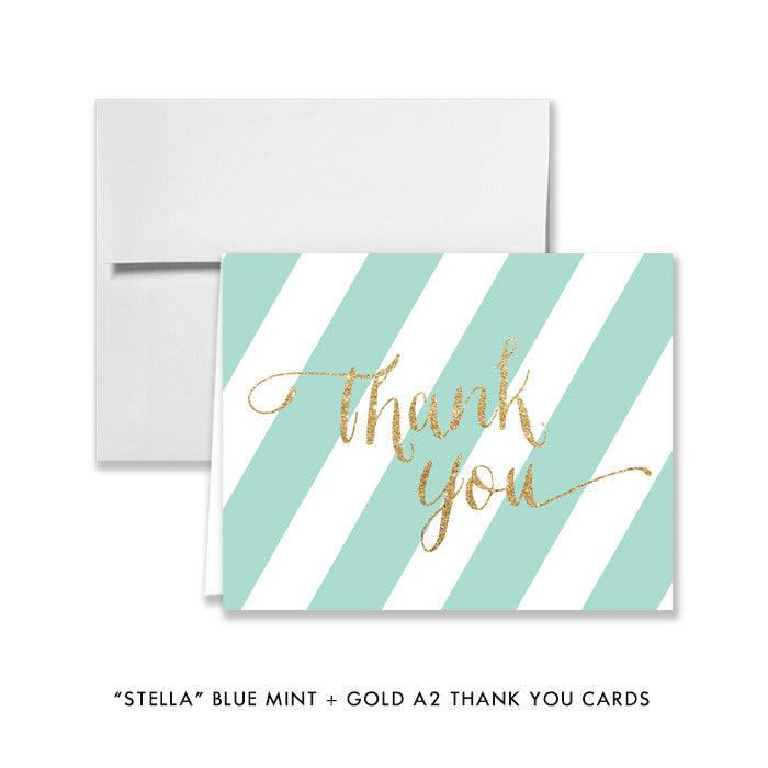 Blue mint + gold glitter "Stella" striped folded A2 thank you cards | digibuddha.com