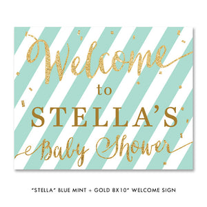 Blue mint + gold glitter "Stella" striped party welcome sign | digibuddha.com
