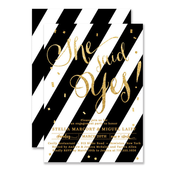 Black + White striped gold glitter "Stella" She said yes! Engagement party invitation | digibuddha.com