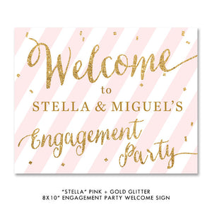 Pink stripe + gold glitter confetti "Stella" couples engagement party welcome sign | digibuddha.com