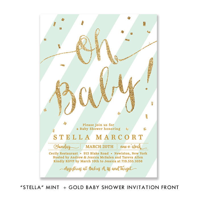 "Stella" Mint + Gold Glitter Baby Shower Invitation