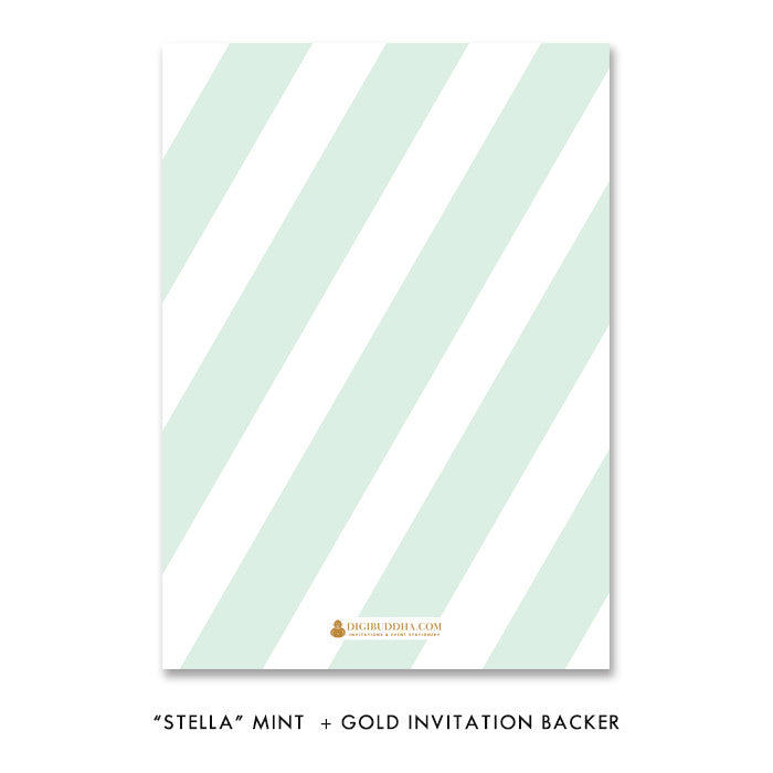 Mint stripe + gold "Stella" engagement party invitation backer | digibuddha.com