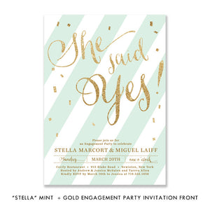 Mint stripe + gold glitter confetti "Stella" She said yes engagement party invitation | digibuddha.com
