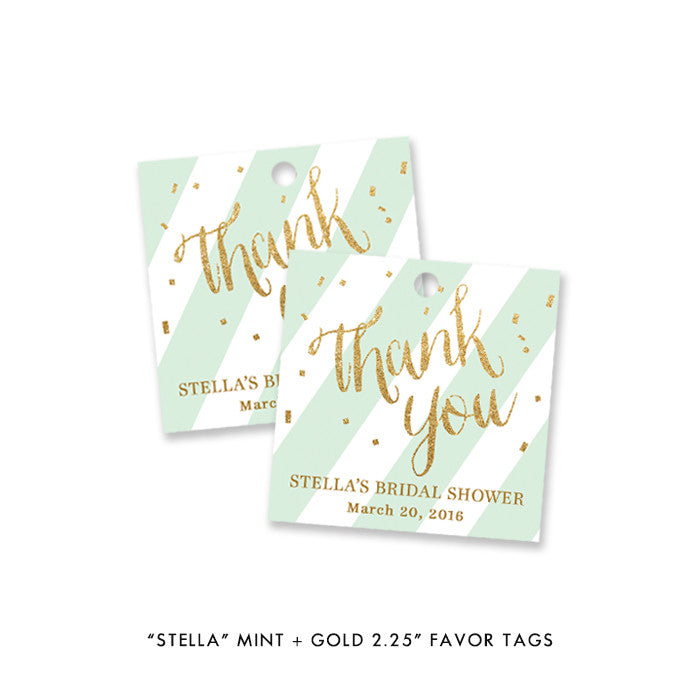Gold and Stripe Mint Bridal Shower Invitations, featuring mint and white stripes and gold fonts, by Digibuddha.