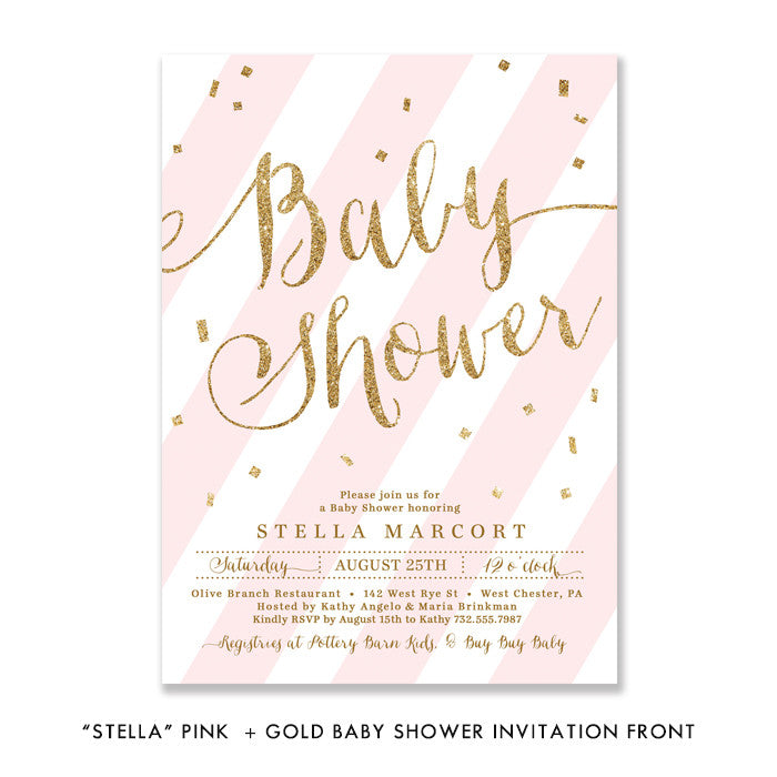 Pink + Gold Glitter "Stella" striped baby shower invitation | digibuddha.com