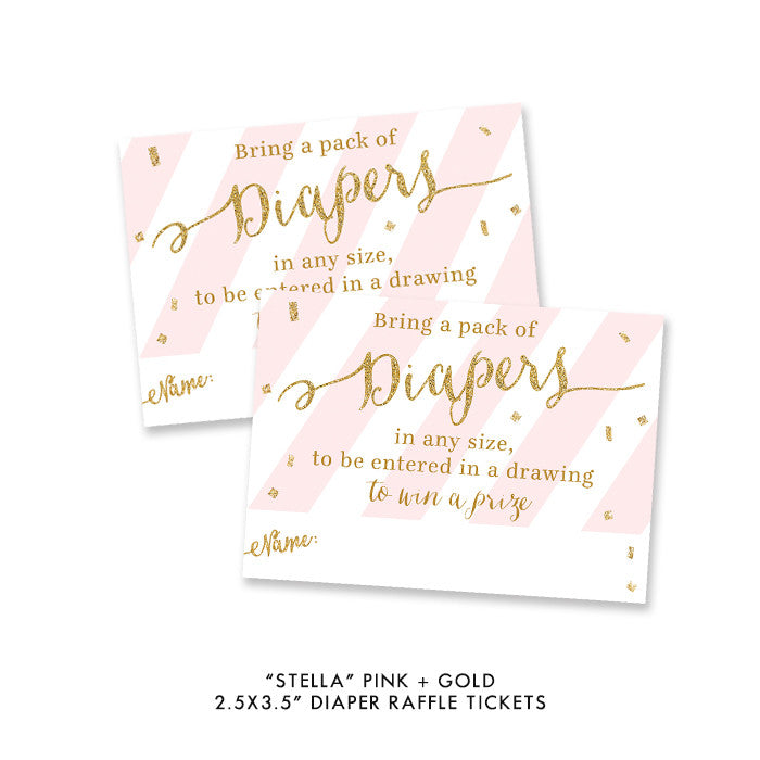 Pink + Gold Glitter "Stella" striped baby shower diaper raffle tickets | digibuddha.com