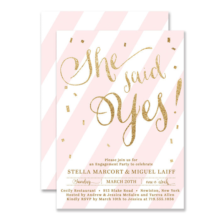 Pink stripe + gold glitter confetti "Stella" She said yes engagement party invitation | digibuddha.com
