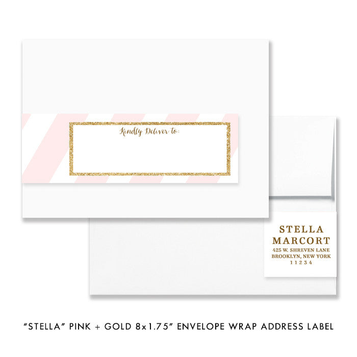Pink + Gold Glitter "Stella" striped envelope wrap address label | digibuddha.com