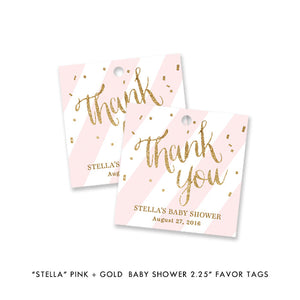 Pink + Gold Glitter "Stella" striped baby shower favor tags | digibuddha.com