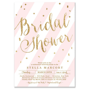 Striped blush pink and gold bridal shower invitation with a blush pink and white stripe motif and accented with gold font