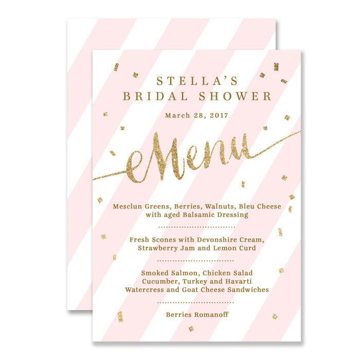 Blush pink stripes + gold glitter confetti "Stella" Menu | digibuddha.com