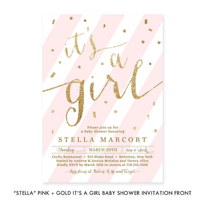 "Stella" Pink + Gold Glitter It's A Girl Baby Shower Invitation