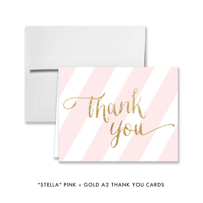 Pink + Gold Glitter "Stella" striped folded A2 thank you cards | digibuddha.com