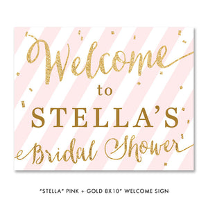 Striped blush pink and gold bridal shower invitation with a blush pink and white stripe motif and accented with gold font