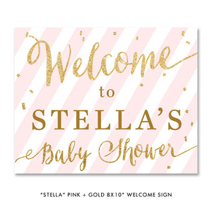 Pink + Gold Glitter "Stella" striped baby shower welcome sign | digibuddha.com