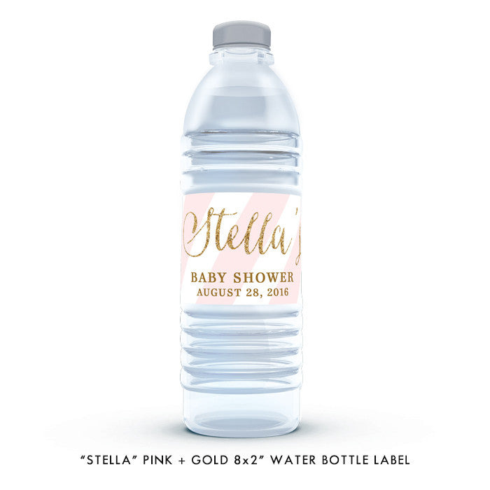 Pink + Gold Glitter "Stella" striped waterproof water bottle label | digibuddha.com