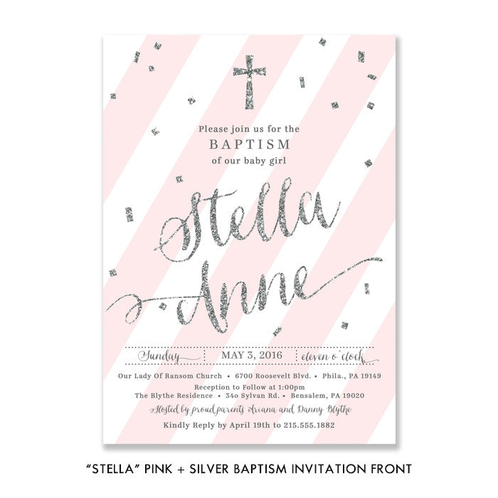 "Stella" Pink + Silver Baptism Invitation