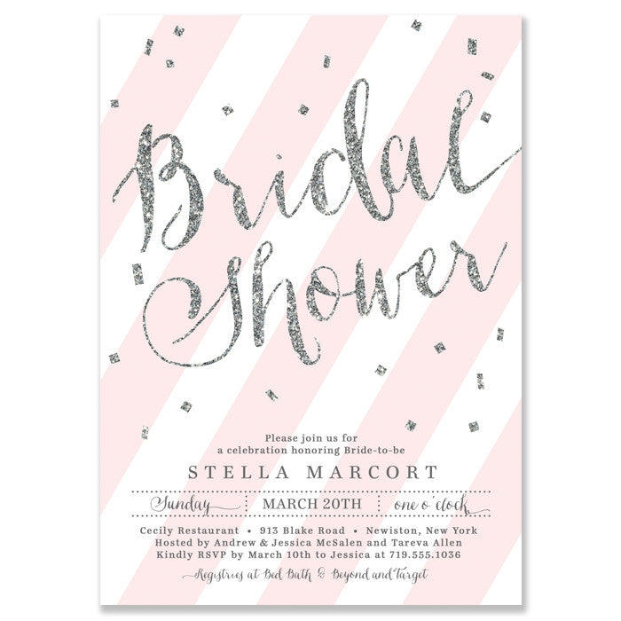"Stella" Blush + Silver Glitter Bridal Shower Invitation