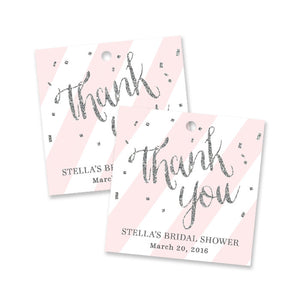 Blush pink stripes + silver glitter confetti "Stella" bridal shower favor tags | digibuddha.com