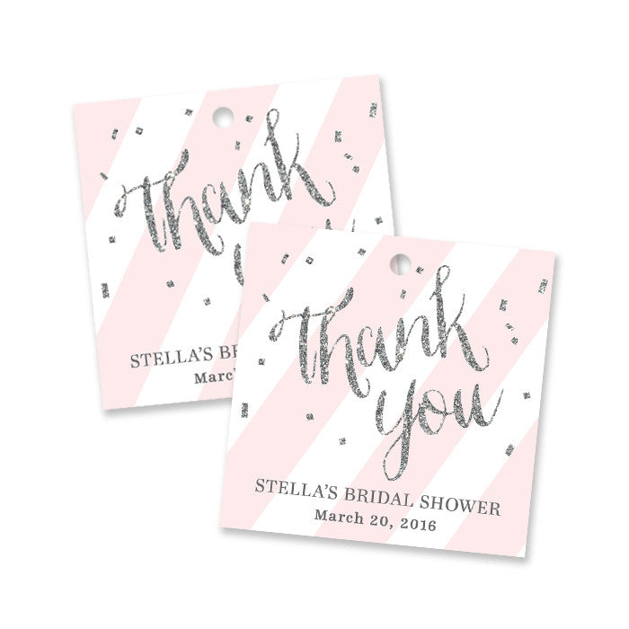 Blush pink stripes + silver glitter confetti "Stella" bridal shower favor tags | digibuddha.com