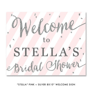 Elegant blush and silver bridal shower invitations with chic pink stripes and an elegant silver glitter font, by Digibuddha.