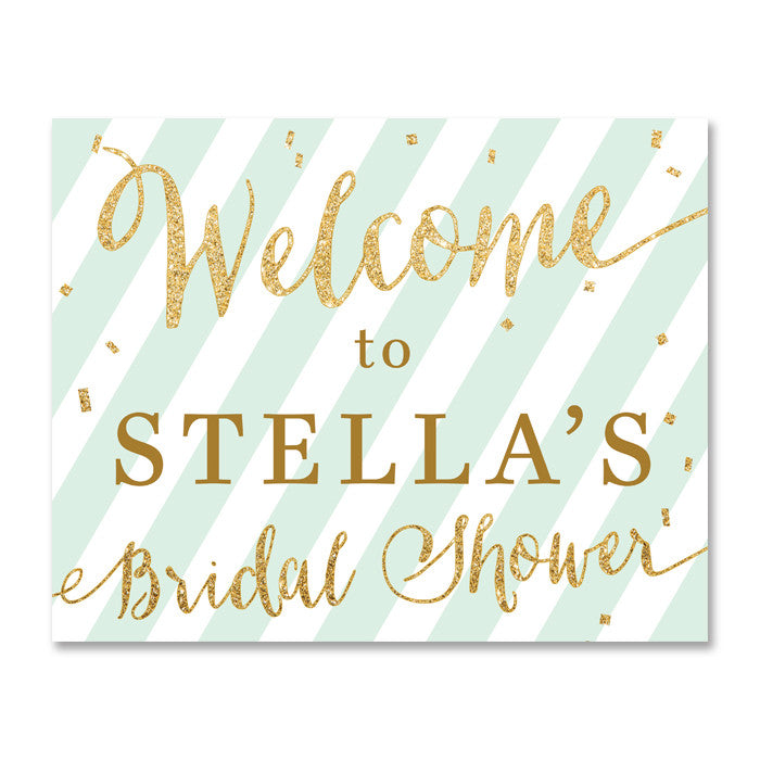 mint green and gold glitter bridal shower welcome sign by digibuddha.com